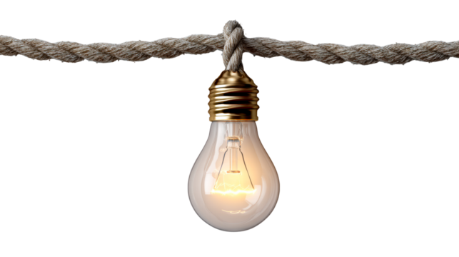 Illuminated light bulb suspended from thick rope