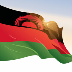 Waving flag illustration with red black and green stripes and a rising sun emblem