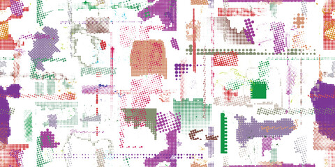Obraz premium Colorful halftone dots and speckled seamless pattern, abstract decorative background for modern packaging, wrapping paper, and textile design. Vector transparent endless pattern.