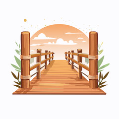 Wooden pier illustration with sunset view over the ocean against a white background
