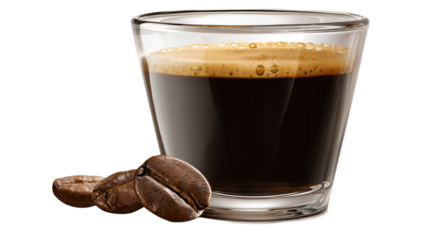 Espresso shot in glass with coffee beans