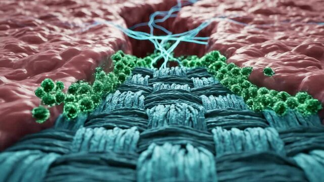Cinematic macro 3D animation of emerald 'fibroblasts' weaving a teal collagen scaffold across a wound gap.