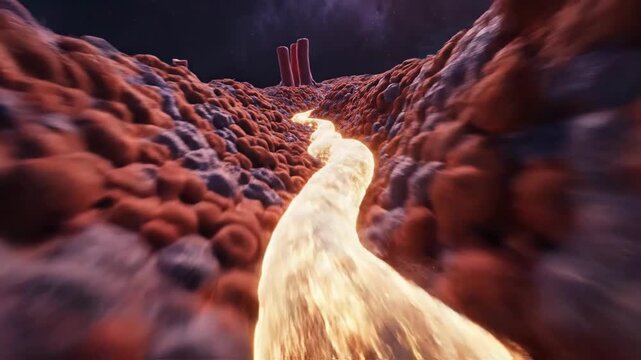Dynamic 3D fly-over shot following a new capillary 'tributary' as it carves a path through a landscape.