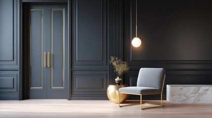 Modern interior design featuring elegant chair, stylish lighting, dark wall, decorative vase, and minimalist decor elements for contemporary living spaces