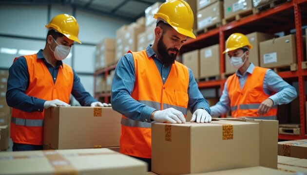 Warehouse workers in safety vests, hard hats pack boxes with care. Team members use gloves, ensuring efficient order fulfillment, supply chain operations. Sort, label cargo, preparing for shipping. - Powered by Adobe