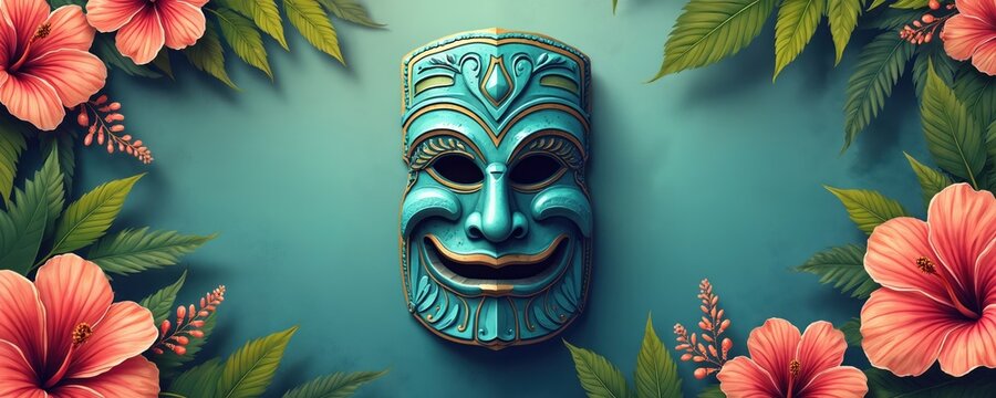 Teal tiki mask with gold trim sits in coral hibiscus flowers and green foliage. Tropical paradise background for invitations, cards, and party decorations.