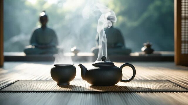 Steam rising from a traditional black teapot and cup in a serene Japanese tea room with soft morning sunlight and tranquil meditation atmosphere