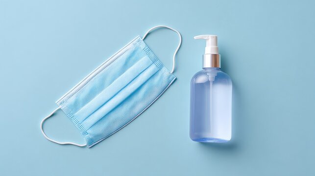 Blue surgical mask and pump bottle of antibacterial hand gel on light blue background, essential items for hygiene and protection in health settings