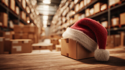 Holiday Delivery in Warehouse: A festive red hat sits atop a cardboard box amidst a vast warehouse, symbolizing holiday deliveries. A mix of organized chaos and anticipation.