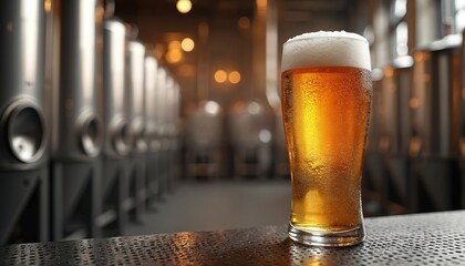 Golden amber beer with thick foam sits on metal bar. Large brewing tanks line background. Refreshing drink concept for pubs and craft breweries.