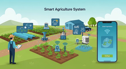A smart agriculture system with a farmer, crops, sensors, and a smartphone interface displayed ai generated