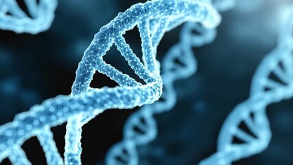 Unique medical blue banner showcasing detailed 3D structure of DNA with digital elements reflecting sunlight in a scientific context - Powered by Adobe