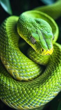 A green snake is curled up on the ground. It has a yellow head and is surrounded by green leaves