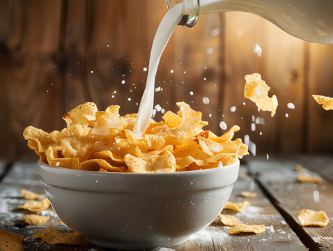 Milk pouring into a bowl of crispy corn flakes cereal