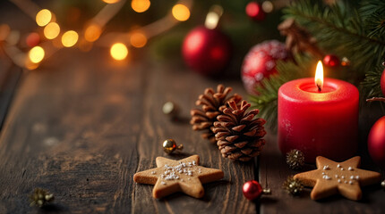 Warm Christmas Candlelight on Rustic Wooden Table
