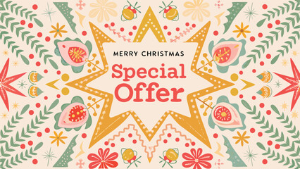 Obraz premium Merry christmas special offer with festive folk art inspired holiday decorations and starburst background