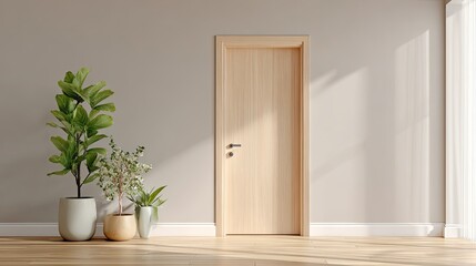 Fototapeta premium Minimalist Interior Design Featuring Wooden Door and Potted Plants in Bright Room with Natural Light Highlighting Simple Elegance and Serenity