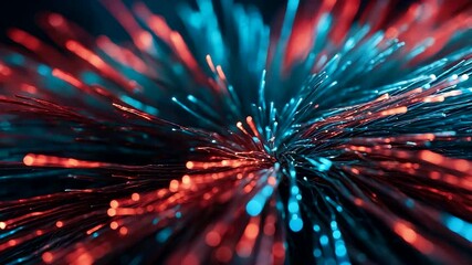 Dynamic glowing fiber optic strands in vibrant blue and red tones creating an abstract burst of light and energy in motion with depth - Powered by Adobe