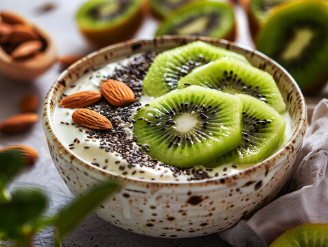 Healthy yogurt bowl topped with fresh kiwi slices and almonds - Powered by Adobe