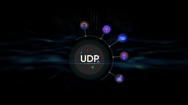 Digital UDP acronym with glowing abstract background and circular interface text word