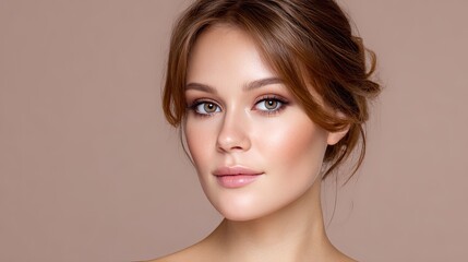 Fototapeta premium Portrait of a Young Woman with Natural Makeup and Elegant Hairstyle on a Soft Neutral Background for Beauty, Fashion, and Cosmetic Purposes
