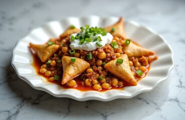 Samosa Chole Chat on white plate. Samosas served with chickpea curry, sour cream, green onions. Spicy Indian street food dish on marble surface. Popular Asian cuisine meal. Fried pastry filled with