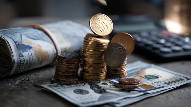 Stacks of coins and bills on a wooden desk near a calculator illustrating financial planning and budgeting in a cozy indoor setting