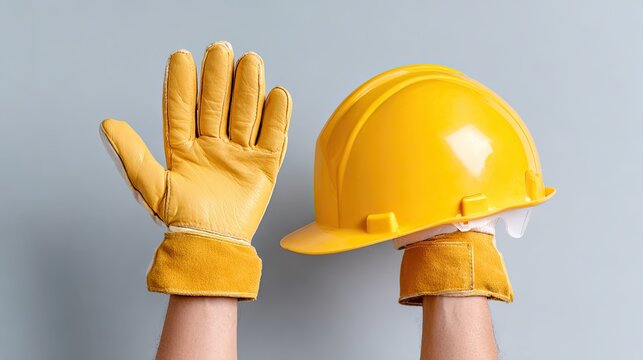 Hands in yellow gloves raised with a yellow construction helmet on a gray background representing safety and readiness for work in construction industry