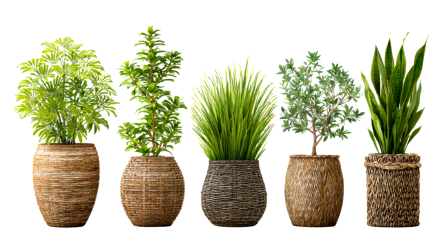 Collection of five potted houseplants in woven baskets