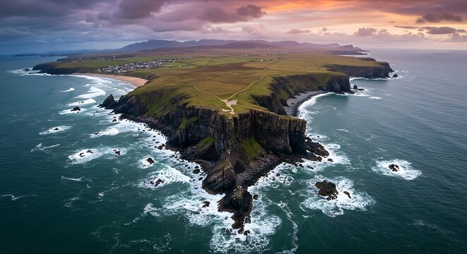 Dramatic coastal landscape of Dingle Peninsula, Ireland at sunset.
