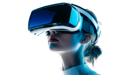 Woman wearing virtual reality headset looking upwards