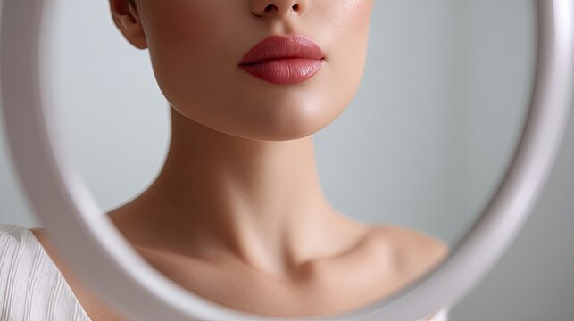 Close-up Portrait of Woman with Smooth Skin and Glossy Lips Reflecting in Round Mirror, Beauty and Skincare Focused Imagery