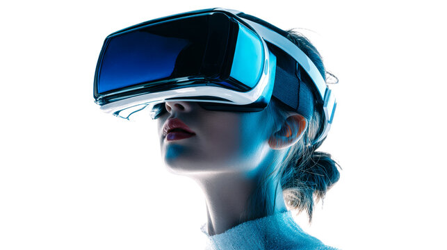 Woman wearing virtual reality headset looking upwards