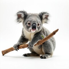 Obraz premium Cute baby koala sits on a brown branch holding it with its paws. This Australian marsupial has grey furry coat and large ears. Koala looks at camera with curiosity.