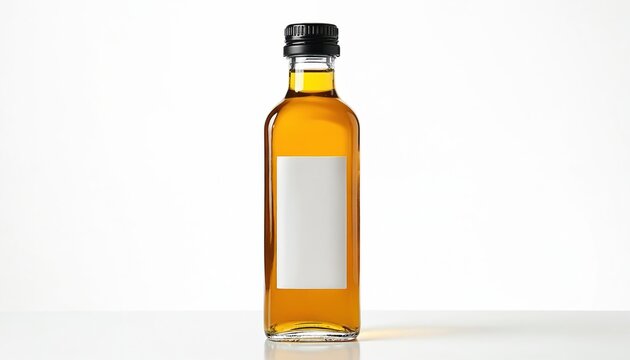 Glass bottle of sesame oil with blank white label on white background. Bottle has black cap. Sesame oil is golden color. Bottle stands on white surface. Oil bottle for cooking and culinary use.
