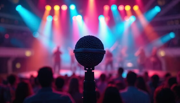Microphone stands on stage before crowd. Performers on cruise ship stage glow under bright colored lights. Live music show excites audience with energetic acts.