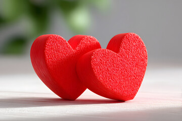 Obraz premium Valentine red hearts resting on wooden table surface