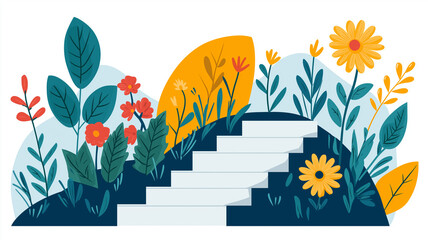 Lush floral staircase ascending through garden hill with colorful leaves and wildflower accents conveying hopeful upward journey