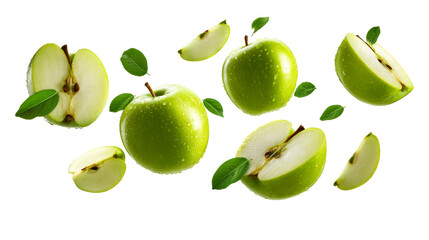 Whole and sliced green apples with leaves