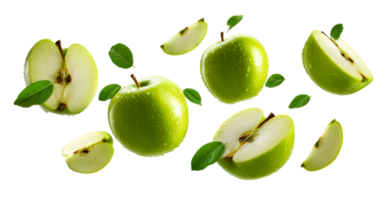 Whole and sliced green apples with leaves