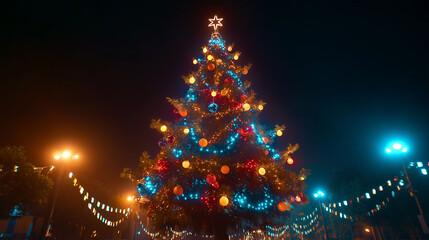 Festive Christmas Tree at Night: A radiant Christmas tree, adorned with twinkling lights and ornaments, stands tall against the night sky, casting a warm, inviting glow. 