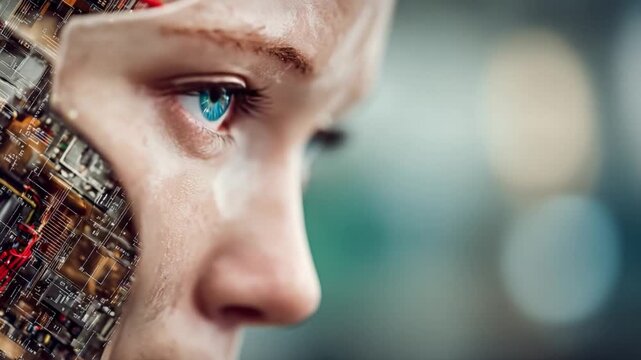Human-Machine Fusion: The close-up captures a mesmerizing individual with a fusion of human and machine elements.
