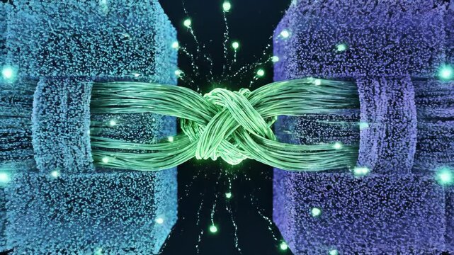 Team-building metaphor showing emerald 'managers' weaving light fibers from two separate teams to close a gap.
