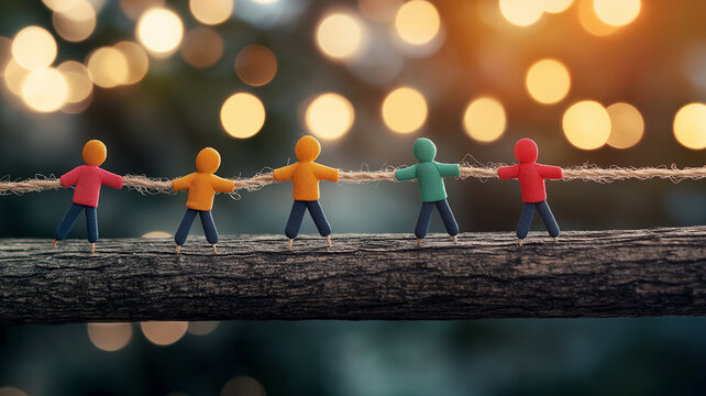 Colorful teamwork concept with five cloth figurine people holding rope on wooden beam under glowing bokeh lights expressing unity and motivation