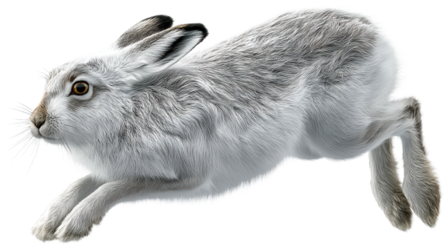 Hare in motion against a white background