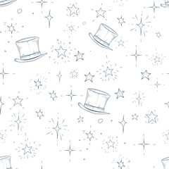 Simple hand drawn vector pattern with stars and hats, magic background