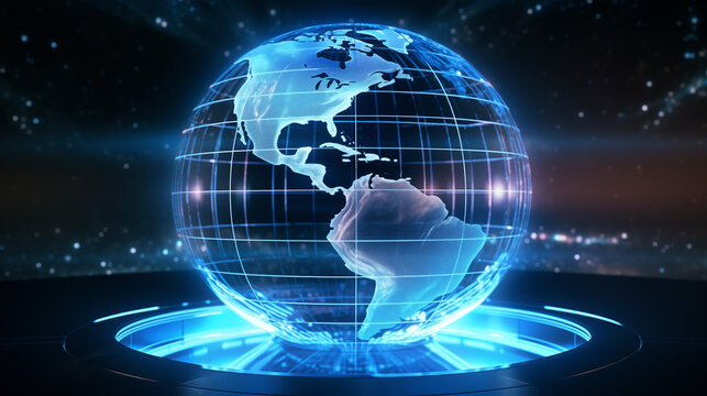 Digital World  A luminous holographic globe spins in a cosmic expanse, representing interconnectedness, technological advancements, and the digital era. - Powered by Adobe