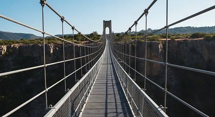 Perspective view from a long suspension footbridge over a deep canyon.