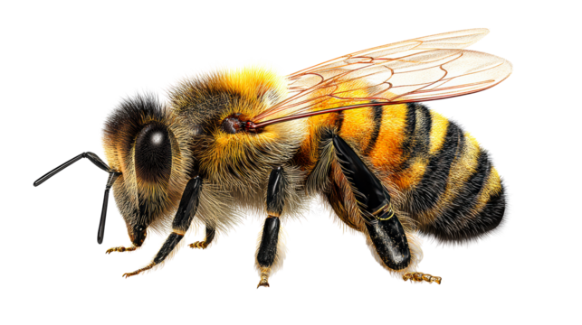 Close-up of a fuzzy honeybee on a white surface