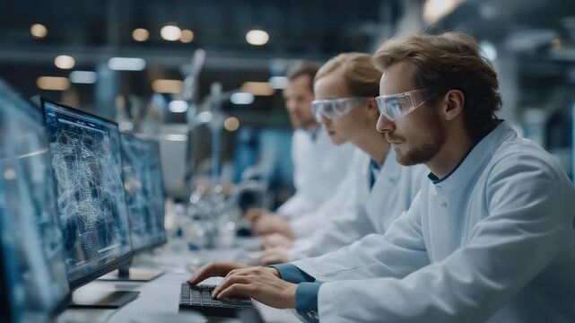 High-tech lab with AI controlling nano-scale chemical reactions, scientists observing holographic projections, symbolizing precision chemistry, automation, and futuristic molecular research.